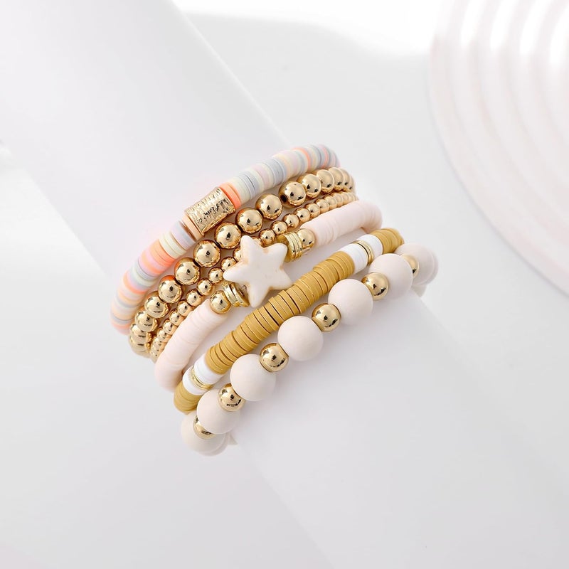 GOOJIDS Surfer Heishi Clay Bead Bracelets for Women Bohemian Stackable Gold Plated Beaded Stretch Bracelets Elastic Layering Friendship Bracelets Set Boho Jewelry - Image 2